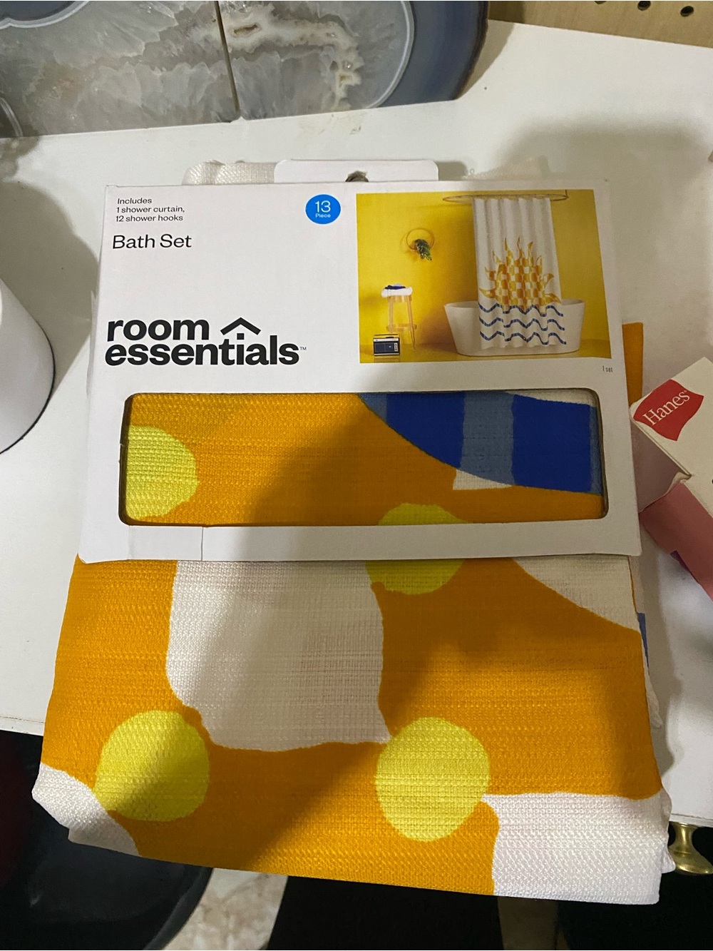 Room Essentials Yellow, White and Blue Abstract Pattern Shower Curtain